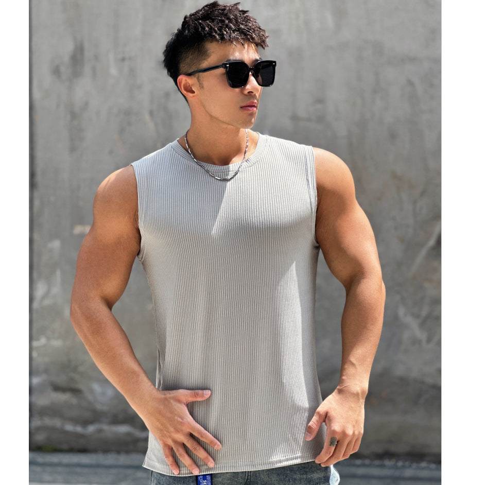 Summer Workout Vest Exercise Sleeveless round Neck Striped Quick-Drying Breathable Basketball Running Training Clothing Men