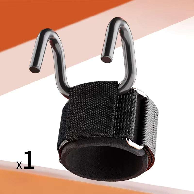 Black lifting hook wrist strap with metal hooks for gym weightlifting support