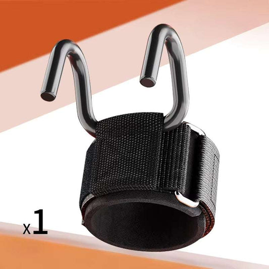 Black lifting hook wrist strap with metal hooks for gym weightlifting support