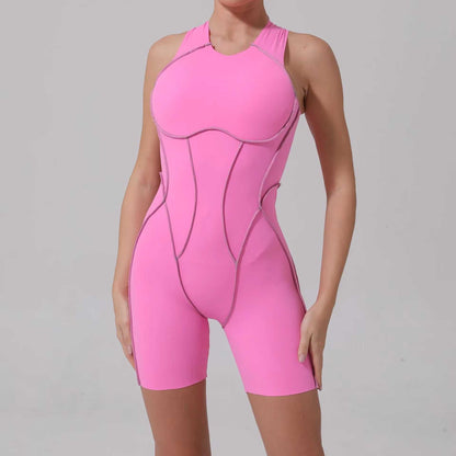 New Summer Stitching Color Backless Yoga Jumpsuits with Chest Pads Women Sleeveless Sports Bodysuit Hip Lifting Workout Overalls