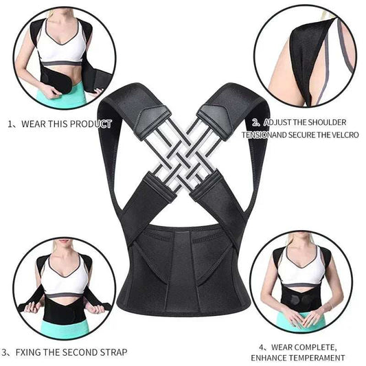 Female posture corrector back shoulders support brace with adjustable straps and breathable fabric for gym and rehabilitation