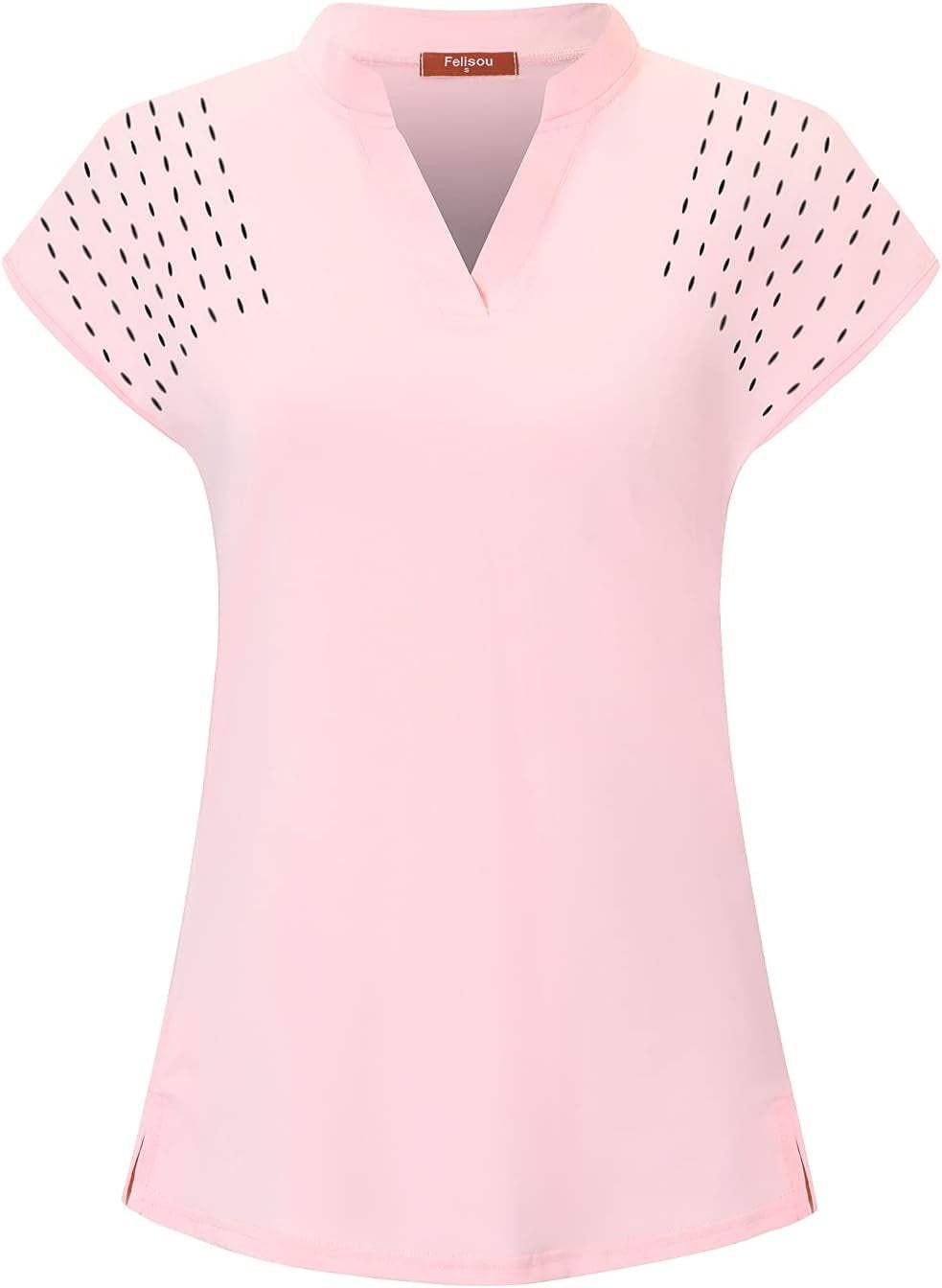 Women's pink V-neck short sleeve workout top with breathable fabric and flexible fit