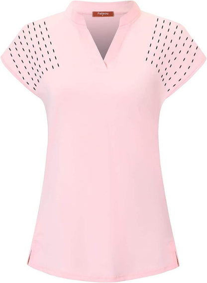 Women's pink V-neck short sleeve workout top with breathable fabric and flexible fit
