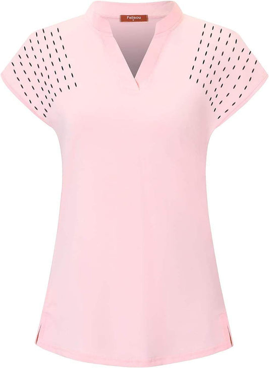 Women's pink V-neck short sleeve workout top with breathable fabric and flexible fit