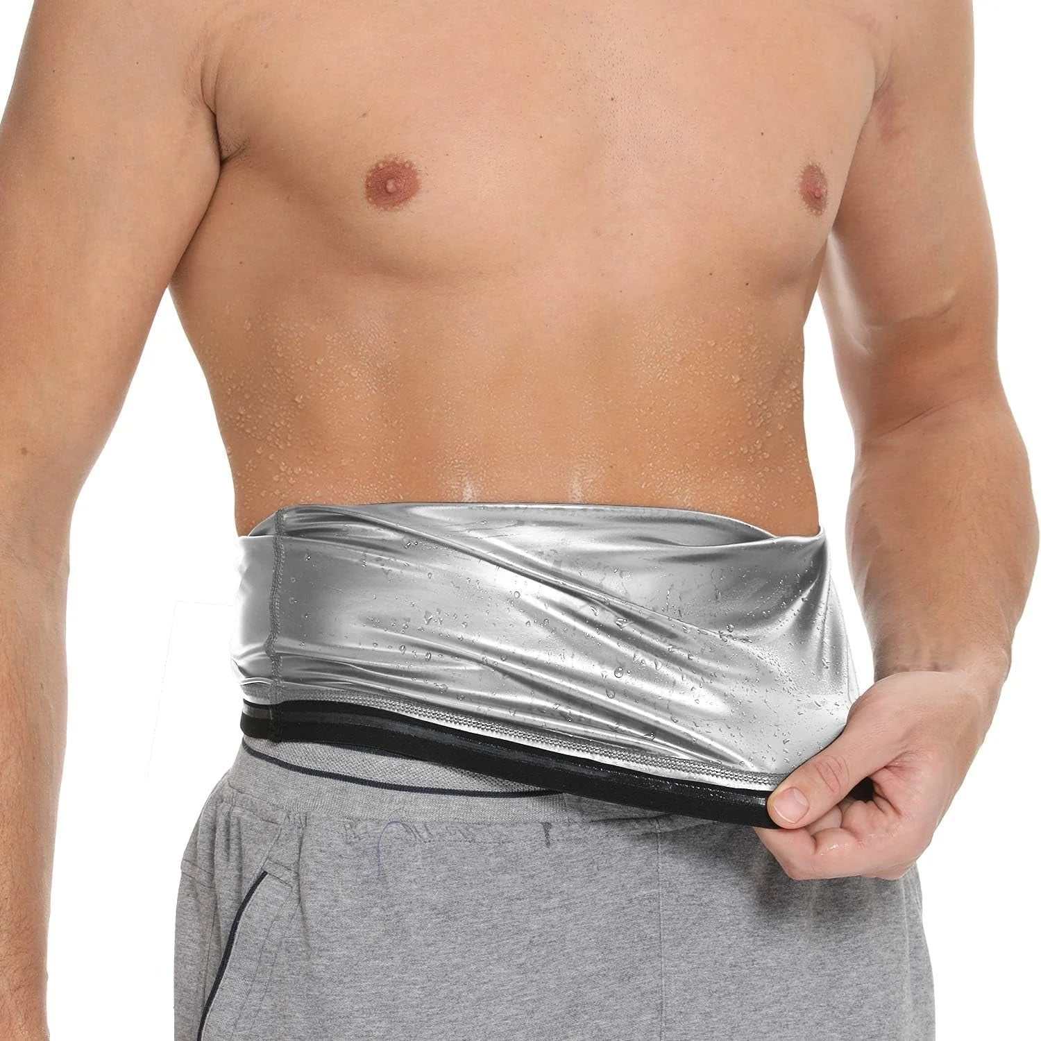 Man wearing a silver sauna waist trimmer belt promoting sweat and waist shaping during workout