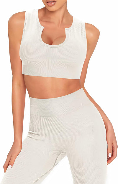 Elevate Your Workout: Seamless 2-Piece Ribbed Gym Set for Women - Stylish Sports Bra & Legging Shorts in Beige (Small)