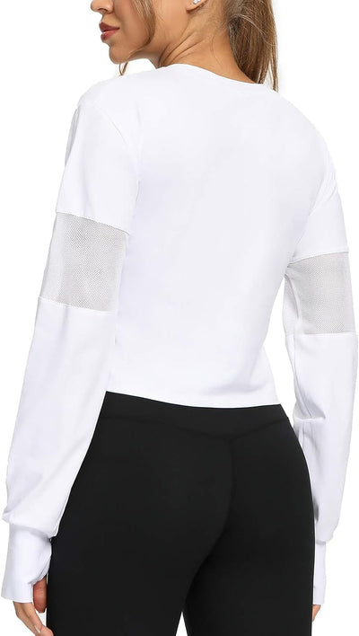 Elevate Your Workout with Our Stylish Long Sleeve Crop Tops for Women - Perfect for Yoga and Running with Mesh and Thumb Hole Design