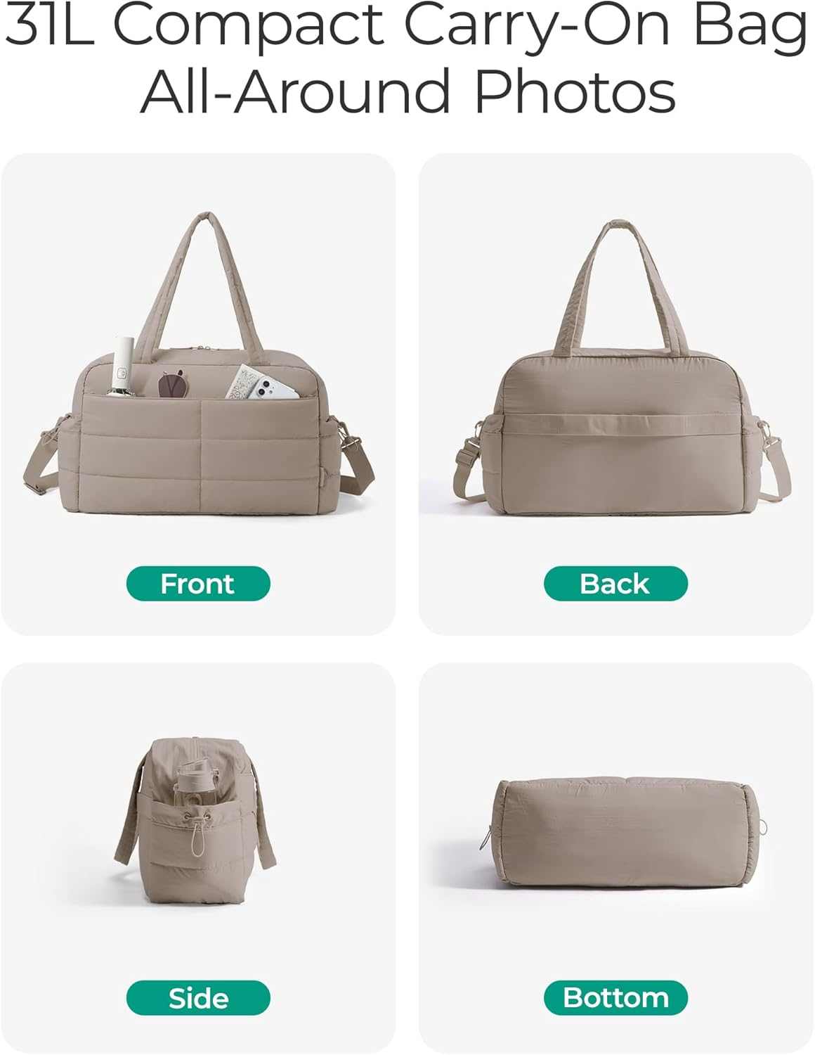 Gym Bag for Women, Lightweight Puffer Duffle Bag 2-PC Travel Bag, 31L Weekender Overnight Bag Quilted Carry on Tote Bag, Diaper Hospital Dance Bag for Travel, Gym, Water Resistant, Camel