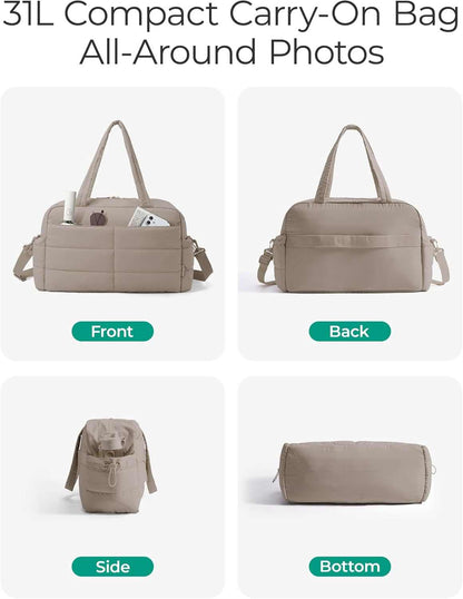 Gym Bag for Women, Lightweight Puffer Duffle Bag 2-PC Travel Bag, 31L Weekender Overnight Bag Quilted Carry on Tote Bag, Diaper Hospital Dance Bag for Travel, Gym, Water Resistant, Camel