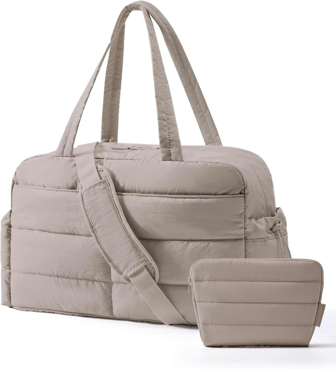 Gym Bag for Women, Lightweight Puffer Duffle Bag 2-PC Travel Bag, 31L Weekender Overnight Bag Quilted Carry on Tote Bag, Diaper Hospital Dance Bag for Travel, Gym, Water Resistant, Camel
