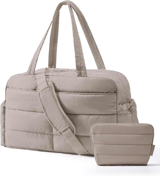 Gym Bag for Women, Lightweight Puffer Duffle Bag 2-PC Travel Bag, 31L Weekender Overnight Bag Quilted Carry on Tote Bag, Diaper Hospital Dance Bag for Travel, Gym, Water Resistant, Camel