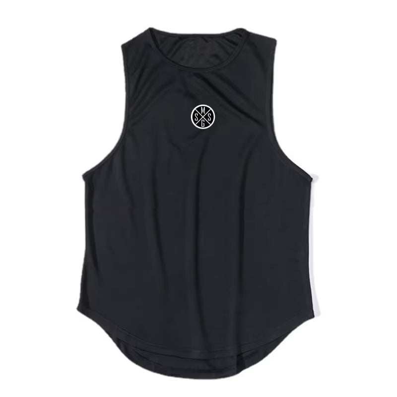 Black bodybuilding vest men sleeveless gym tank top with round neck and logo on chest