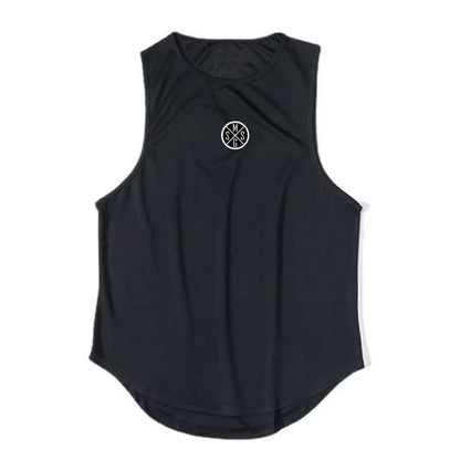 Black bodybuilding vest men sleeveless gym tank top with round neck and logo on chest