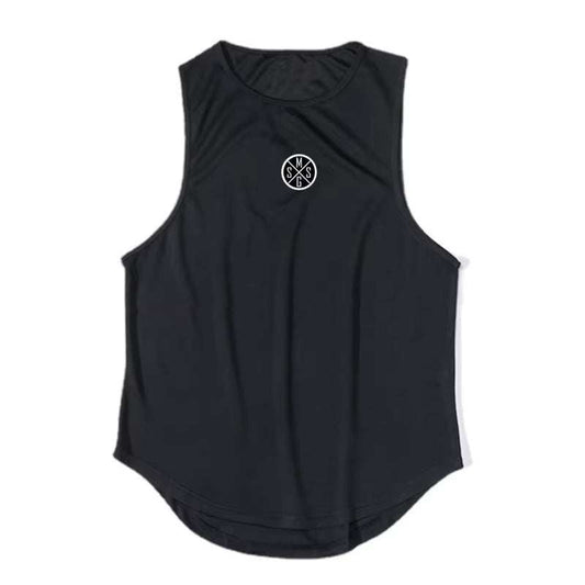 Black bodybuilding vest men sleeveless gym tank top with round neck and logo on chest