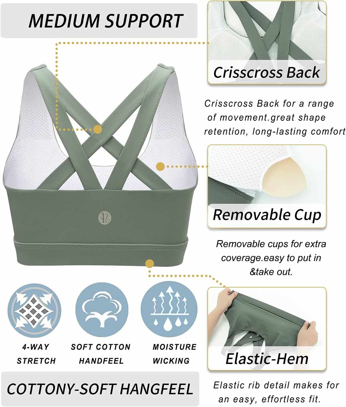 Sports Bra for Women, Criss-Cross Back Padded Strappy Sports Bras Medium Support Yoga Bra with Removable Cups