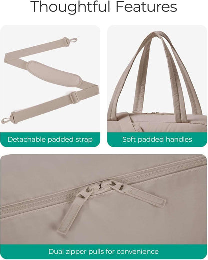 Gym Bag for Women, Lightweight Puffer Duffle Bag 2-PC Travel Bag, 31L Weekender Overnight Bag Quilted Carry on Tote Bag, Diaper Hospital Dance Bag for Travel, Gym, Water Resistant, Camel