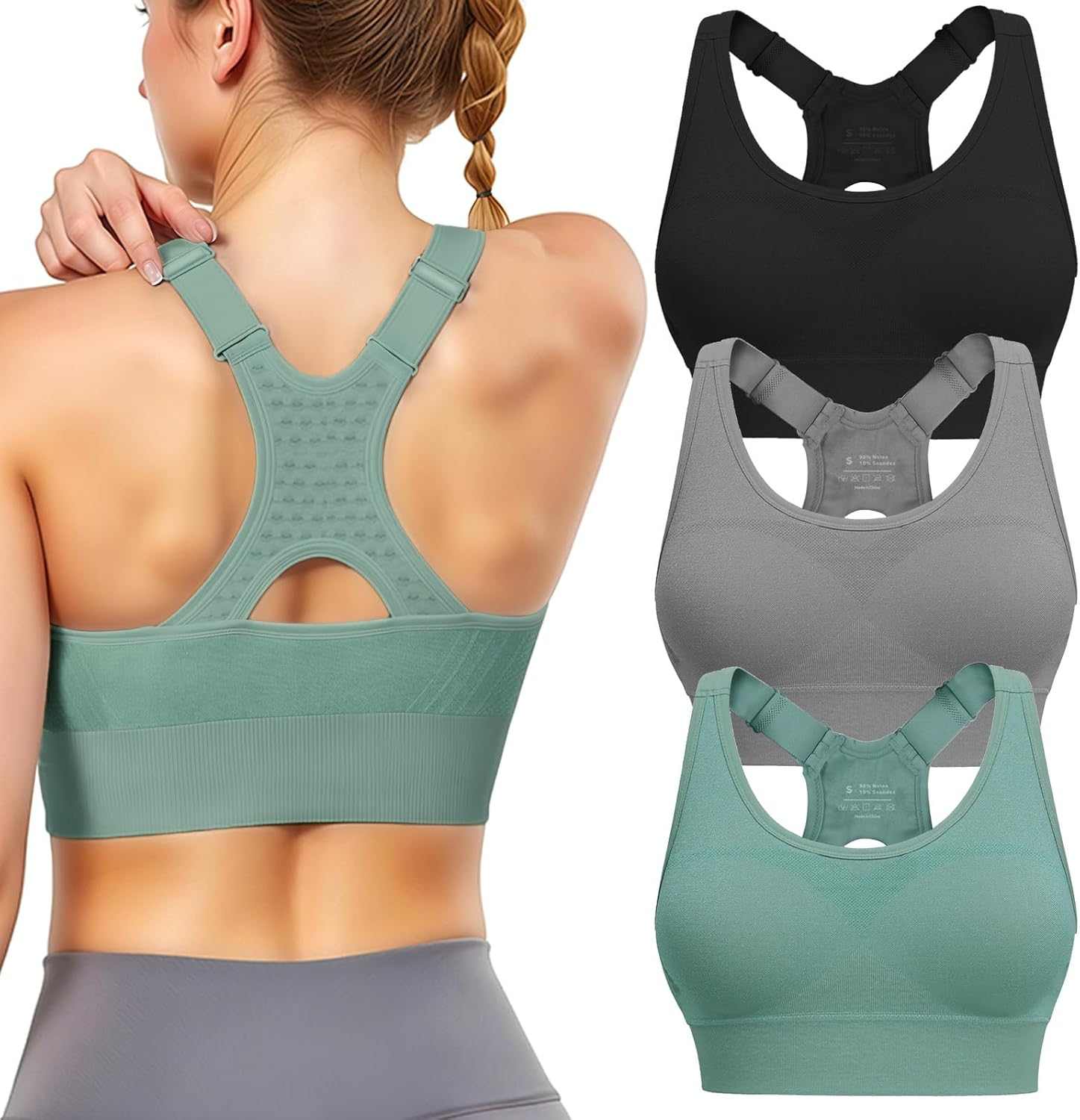 Adjustable Sports Bras for Women: 3 Pack High Support Padded Racerback Sport for Large Bust Workout Running Gym