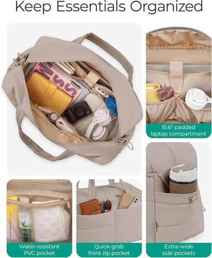 Gym Bag for Women, Lightweight Puffer Duffle Bag 2-PC Travel Bag, 31L Weekender Overnight Bag Quilted Carry on Tote Bag, Diaper Hospital Dance Bag for Travel, Gym, Water Resistant, Camel