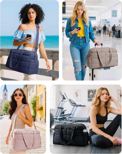 Gym Bag for Women, Lightweight Puffer Duffle Bag 2-PC Travel Bag, 31L Weekender Overnight Bag Quilted Carry on Tote Bag, Diaper Hospital Dance Bag for Travel, Gym, Water Resistant, Camel