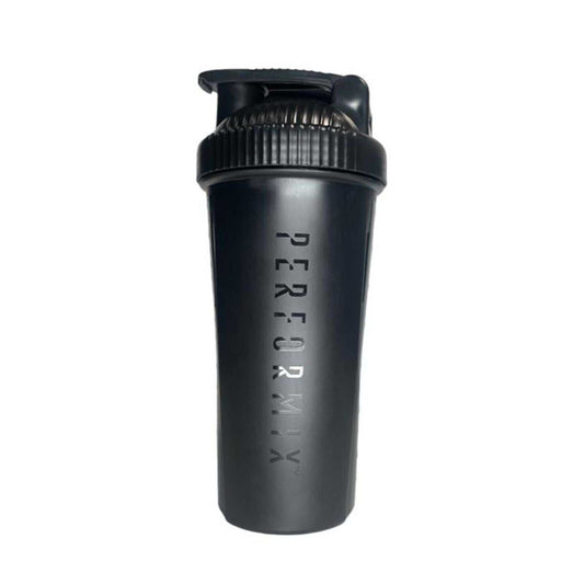 Black Shaker Bottle with secure lid, BPA-free, clear measurement markings, and comfortable grip for protein shakes and supplements.
