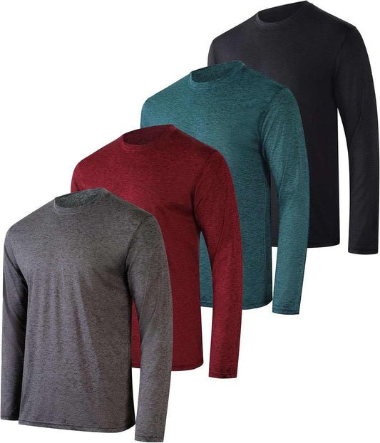4 Pack: Mens Long Sleeve Dry Fit T Shirts Hiking Fishing Workout Gym Work Sun UPF 50 Wicking Running Tee