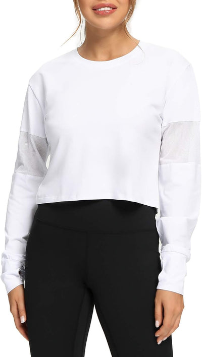 Elevate Your Workout with Our Stylish Long Sleeve Crop Tops for Women - Perfect for Yoga and Running with Mesh and Thumb Hole Design