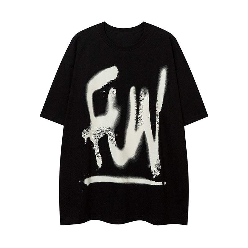 Black men's short sleeve shirt with white fashion graffiti letter design