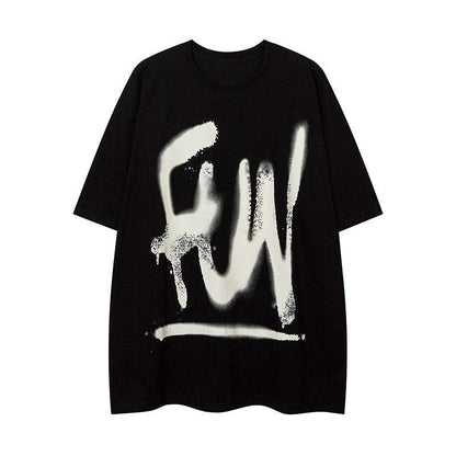 Black men's short sleeve shirt with white fashion graffiti letter design