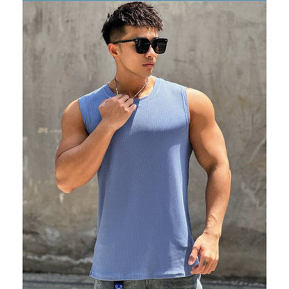 Summer Workout Vest Exercise Sleeveless round Neck Striped Quick-Drying Breathable Basketball Running Training Clothing Men