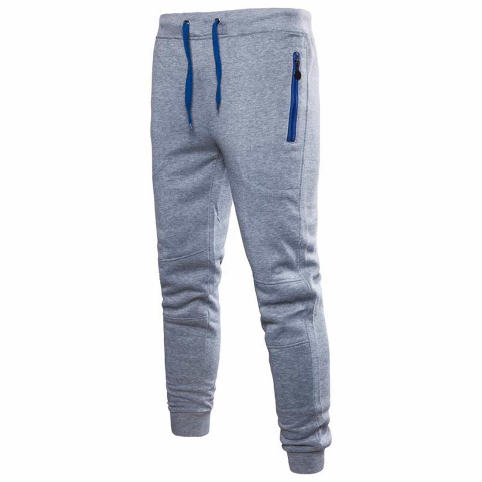 Men's grey outdoor casual long pants with elastic waist, slim tapered fit, drawstring, and blue zipper pocket