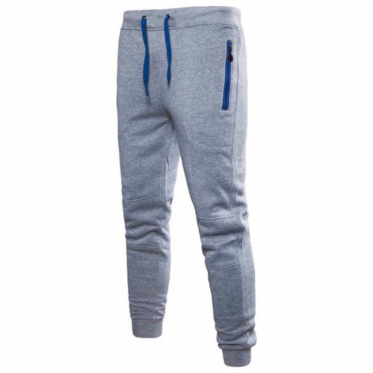 Men's grey outdoor casual long pants with elastic waist, slim tapered fit, drawstring, and blue zipper pocket