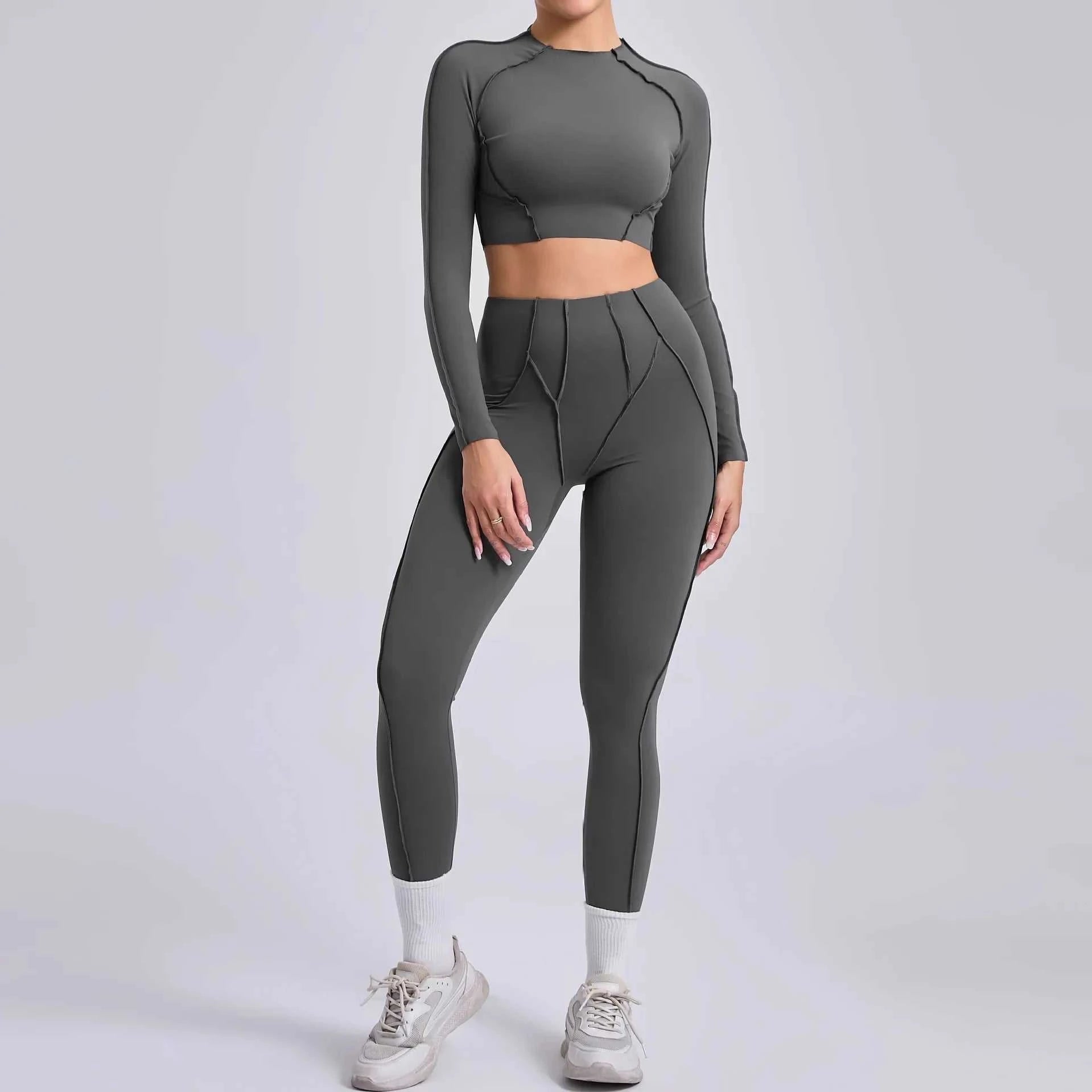 Seamless Yoga Sets Sports Fitness Hip-Lifting High Waist Skinny Long-Sleeved Suit Running Workout Gym Leggings Sets for Women