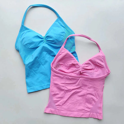 Longline Strappy Gym Top Backless Gym Clothes Women Scrunch Built-In Bra with Removable Cups Yoga Tank Tops
