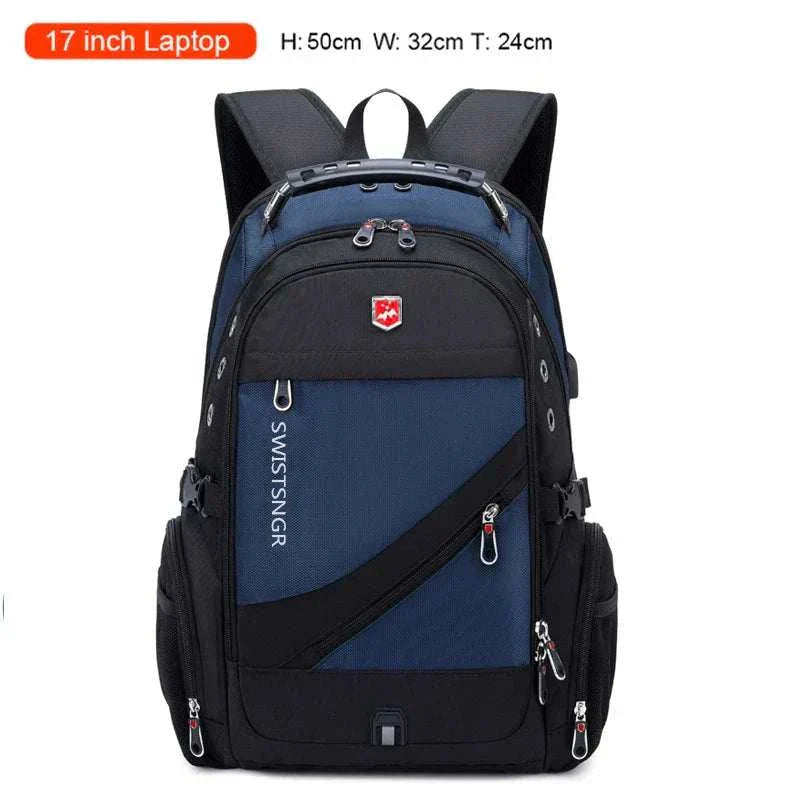 Men Airplane Travel Backpack waterproof 17 inch laptop black blue school bag with multiple compartments
