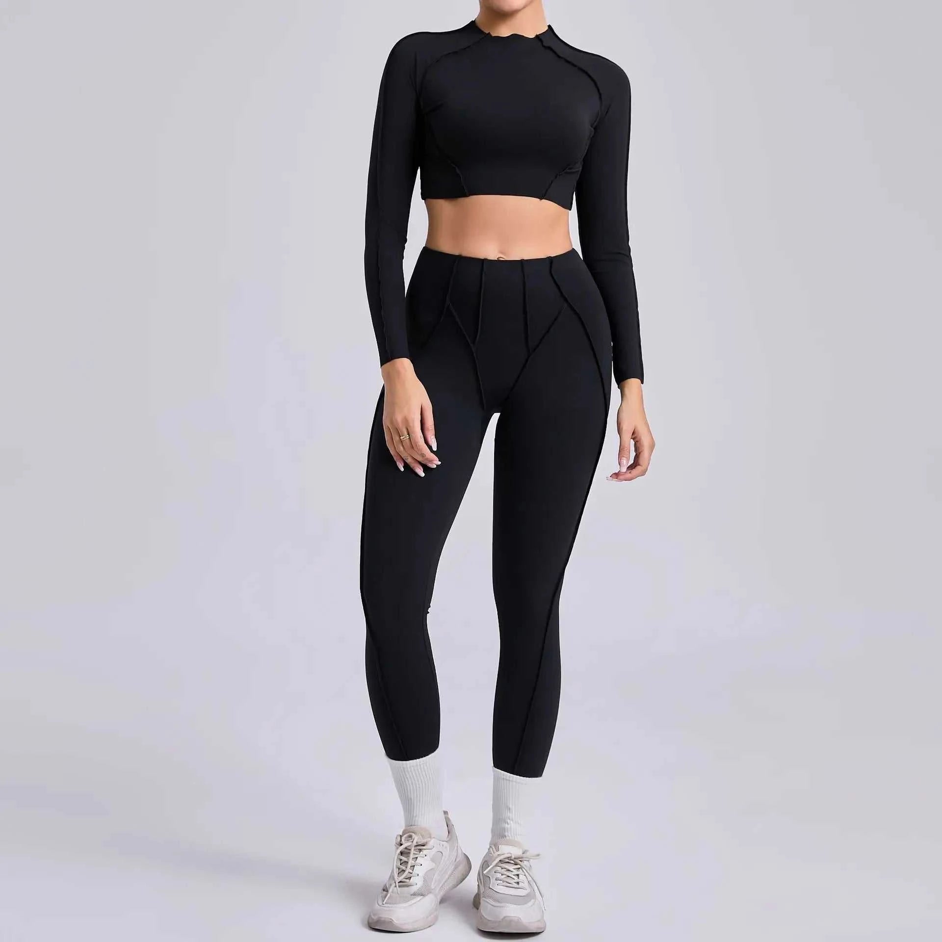 Seamless Yoga Sets Sports Fitness Hip-Lifting High Waist Skinny Long-Sleeved Suit Running Workout Gym Leggings Sets for Women