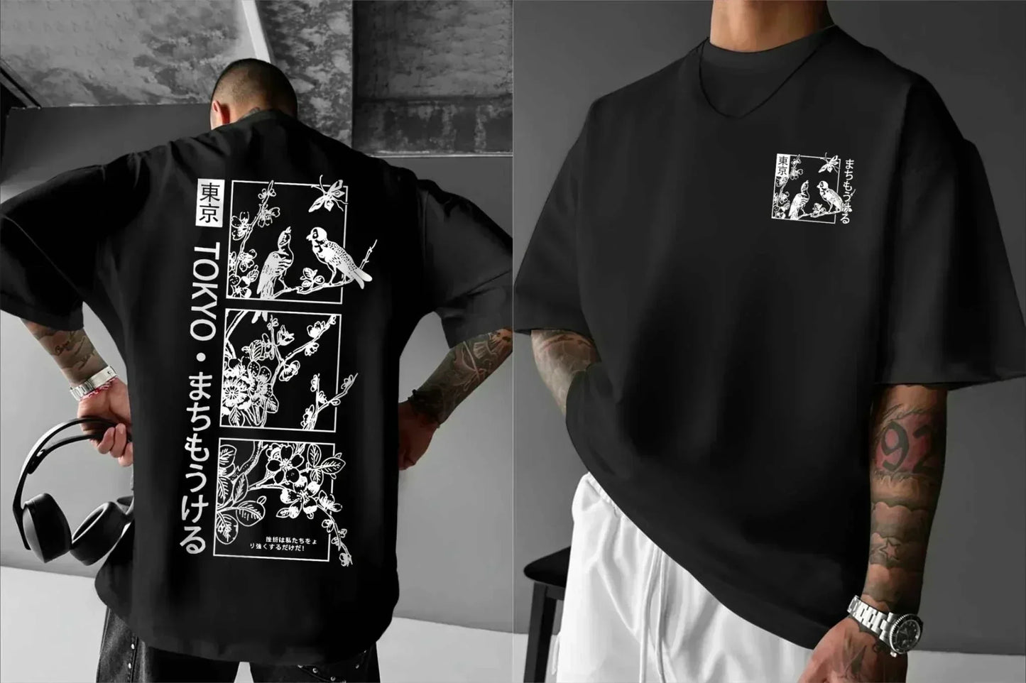 Men's black outdoor sports t-shirt with white Japanese graphic print, round neck, short sleeves, and loose fit for summer casual wear