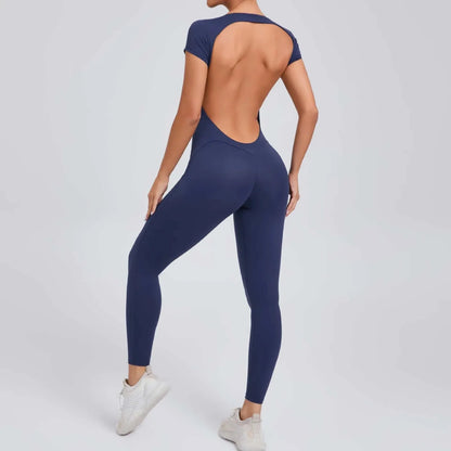 Women'S One-Piece Yoga Jumpsuit Short Sleeve Open Back Slim Fit Sports Outfit Tights Quick-Drying Hip Lift Gym Fitness Clothes