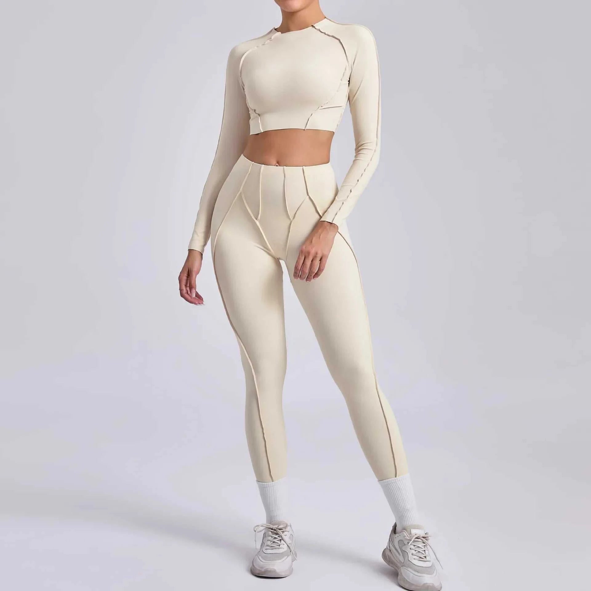 Seamless Yoga Sets Sports Fitness Hip-Lifting High Waist Skinny Long-Sleeved Suit Running Workout Gym Leggings Sets for Women