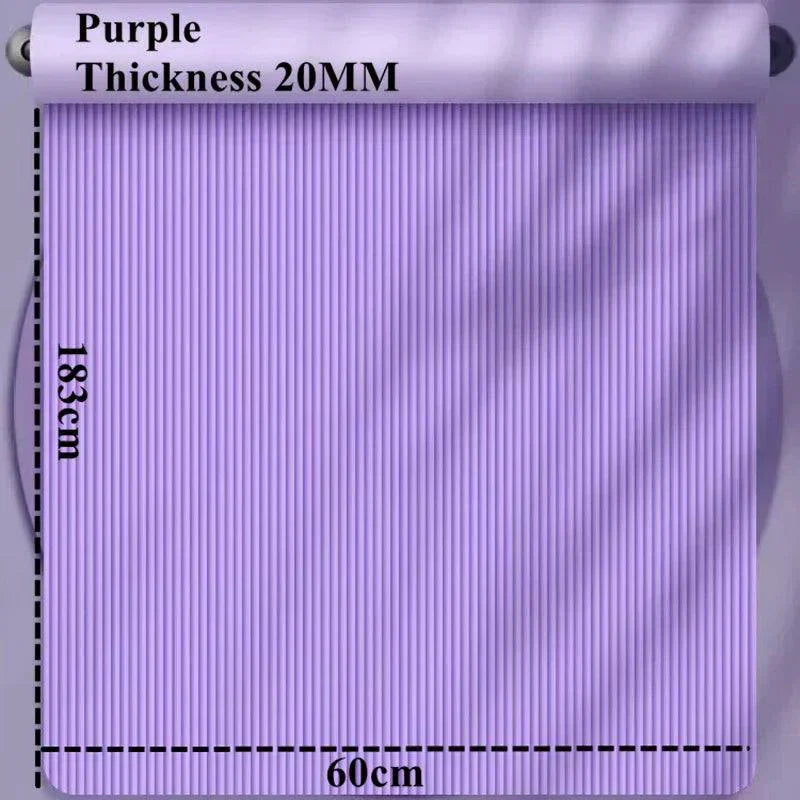 Purple 20MM thick yoga mat measuring 183x60cm with non-slip surface for exercise and fitness.