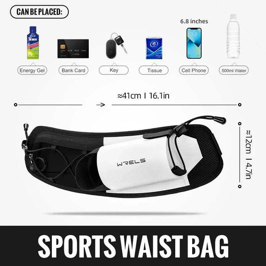 Black and white running waist bag with dual pockets for phone, water bottle, and sports accessories.