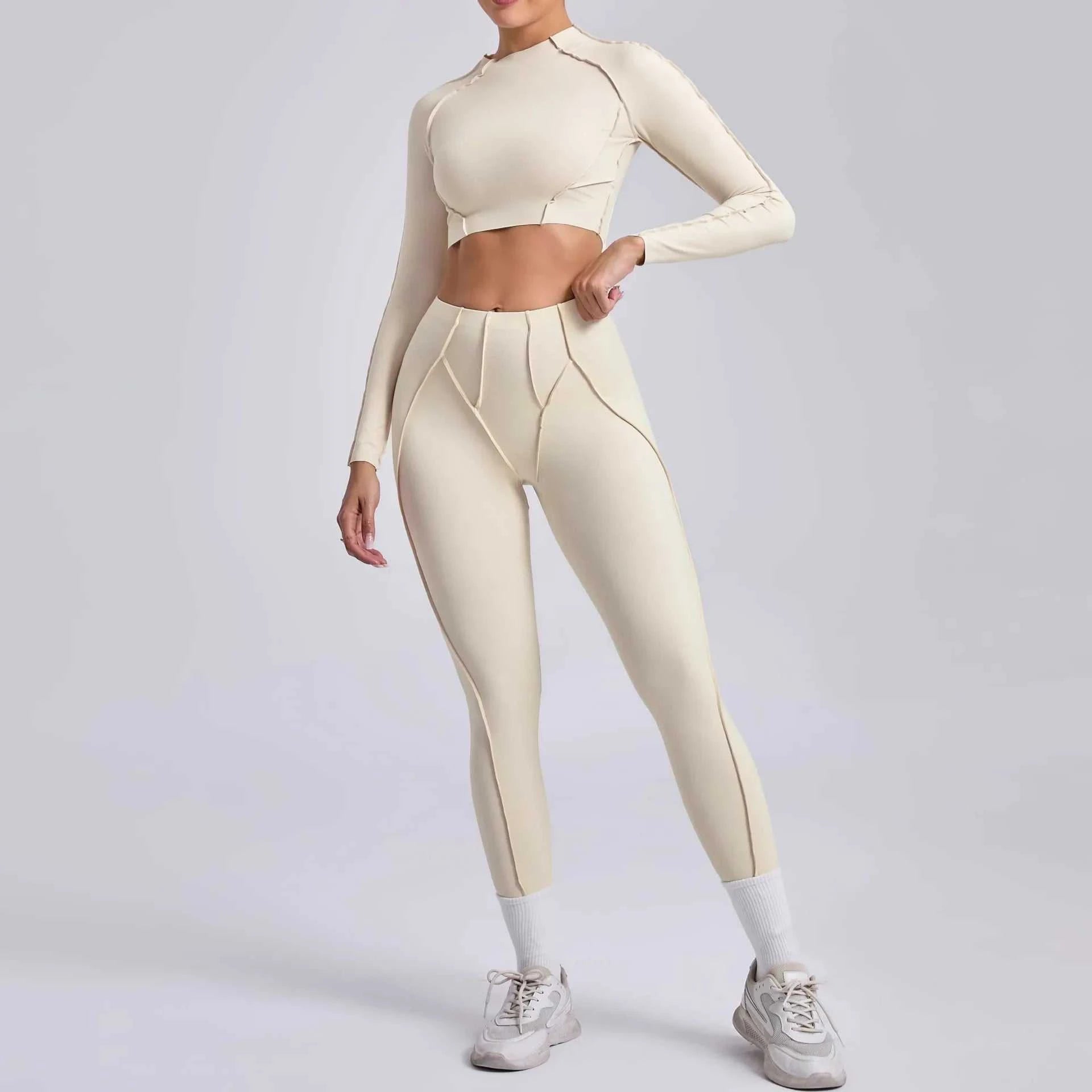 Seamless Yoga Sets Sports Fitness Hip-Lifting High Waist Skinny Long-Sleeved Suit Running Workout Gym Leggings Sets for Women