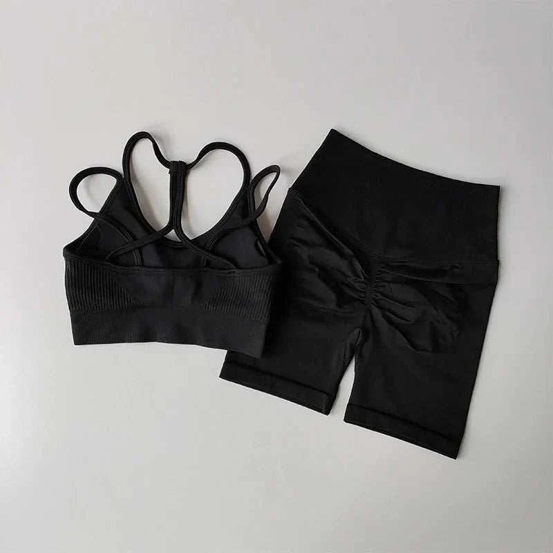 black high waist sports bra and ruched hip lifting shorts two piece fitness set