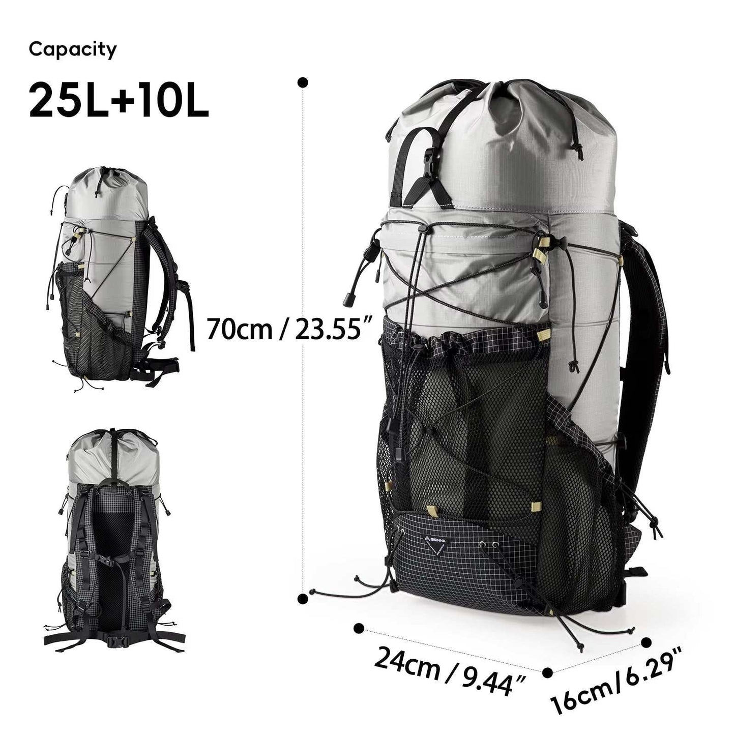 Ultralight camping backpack 25L+10L capacity with breathable design and durable nylon material