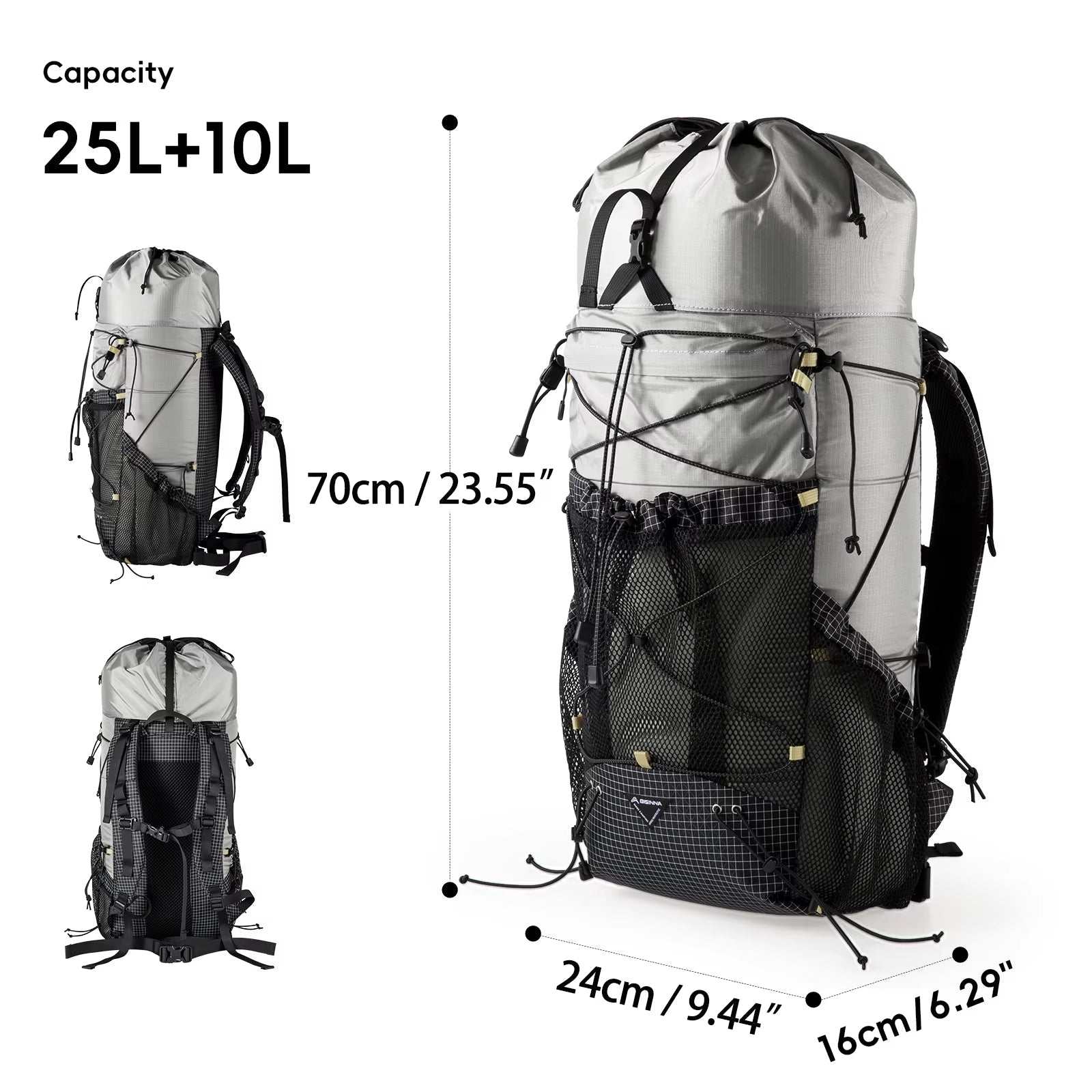 Ultralight camping backpack 25L+10L capacity with breathable design and durable nylon material