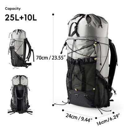 Ultralight camping backpack 25L+10L capacity with breathable design and durable nylon material