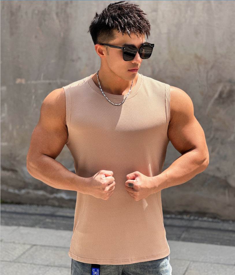 Summer Workout Vest Exercise Sleeveless round Neck Striped Quick-Drying Breathable Basketball Running Training Clothing Men