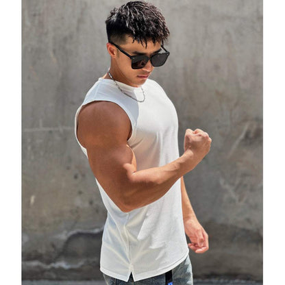Summer Workout Vest Exercise Sleeveless round Neck Striped Quick-Drying Breathable Basketball Running Training Clothing Men