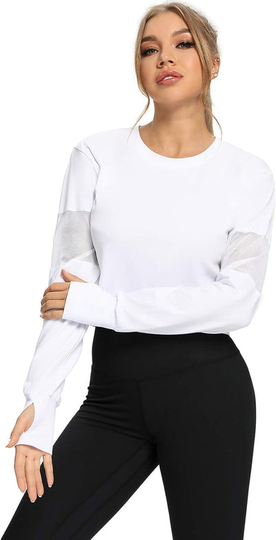 Elevate Your Workout with Our Stylish Long Sleeve Crop Tops for Women - Perfect for Yoga and Running with Mesh and Thumb Hole Design