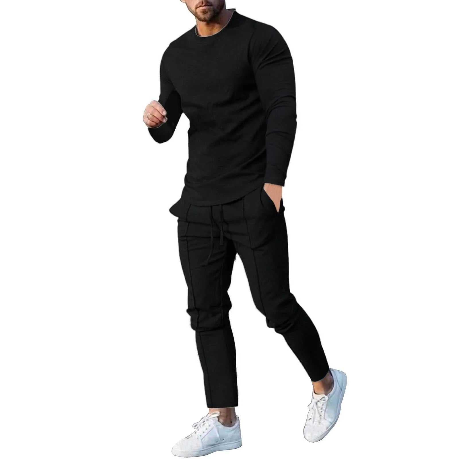 Men'S Tracksuits Tight T-Shirt and Pants Set Outfit Two-Piece Fitness Solid Training Casual Sports Sweatsuits
