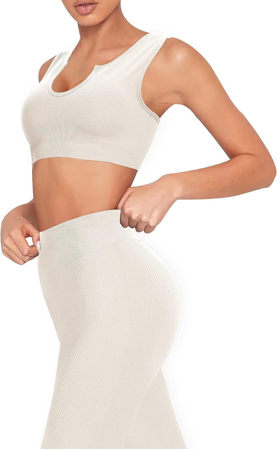Elevate Your Workout: Seamless 2-Piece Ribbed Gym Set for Women - Stylish Sports Bra & Legging Shorts in Beige (Small)